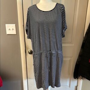 Hilary Radley White and Blue Casual Dolman Sleeve Midi Dress